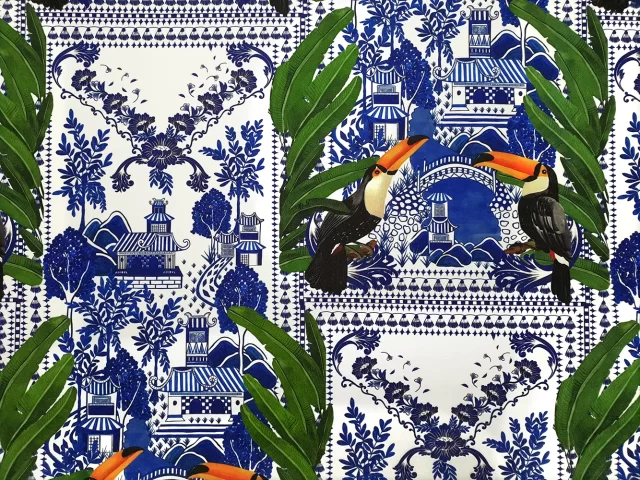 Toucan Birds and Azulejo Tiles Fabric