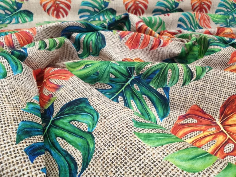 Orange Green Monstera Leaves Fabric by the Yard