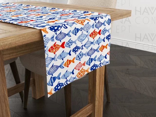 Hand Drawn Watercolor Fish Table Runner