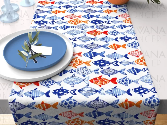 Hand Drawn Watercolor Fish Table Runner
